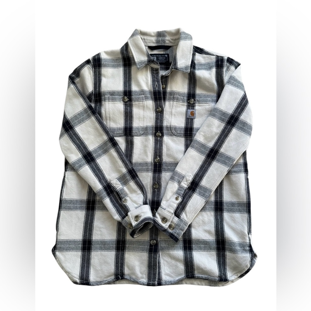 Carhartt Plaid Shacket Womens Small Flannel Utility Jacket Black White Oversized